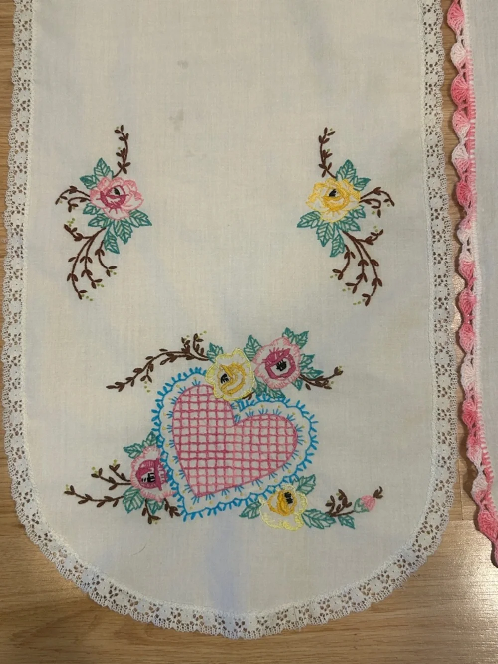 Embroidered Vintage-Style Table Runners - Floral & Pink Trim Qty 2 - Picture 2 of 14